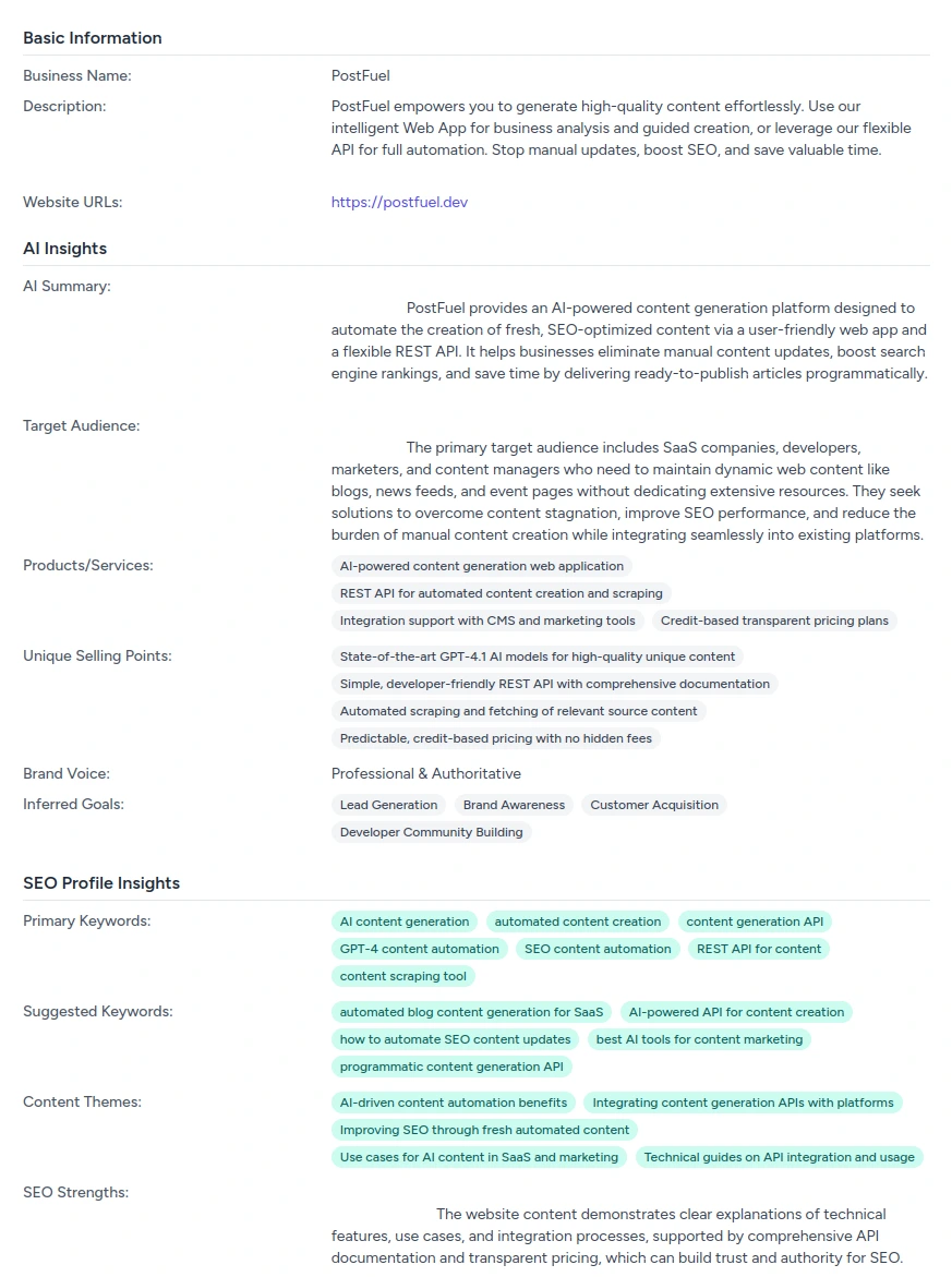 Screenshot of PostFuel Business Profile Analysis showing generated SEO keywords and audience insights within the Web App