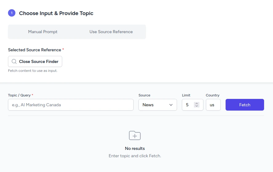 PostFuel Web App Content Generation UI showing easy input fields and option to use Business Profile
