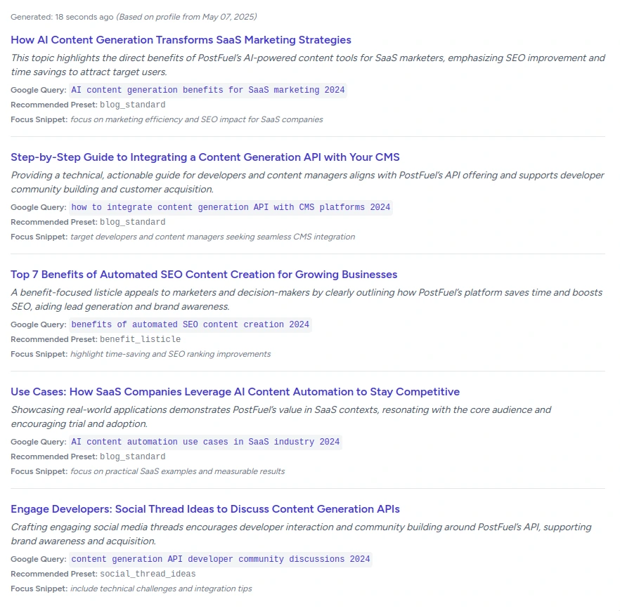 PostFuel Web App Content Strategy Generation UI showing suggested topics and SEO queries