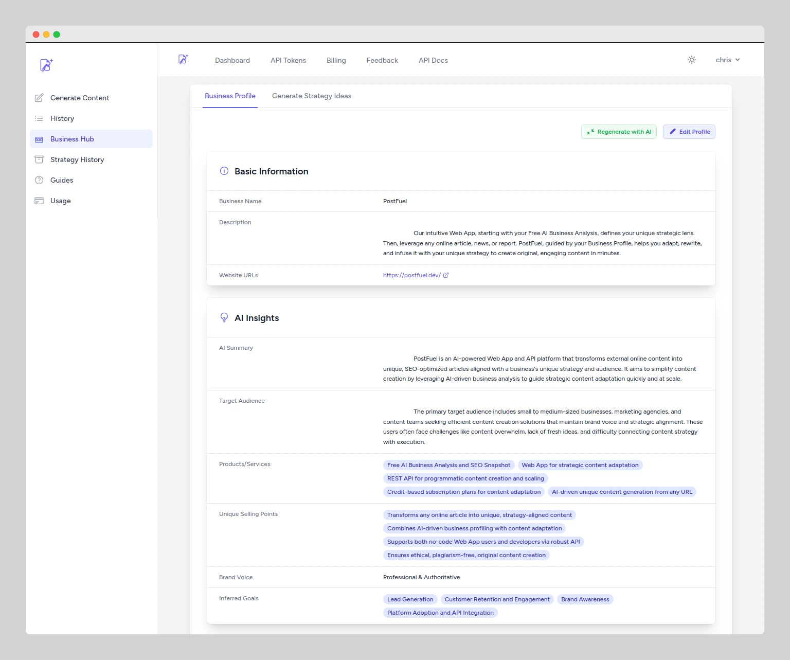 Screenshot of PostFuel's strategic business analysis results