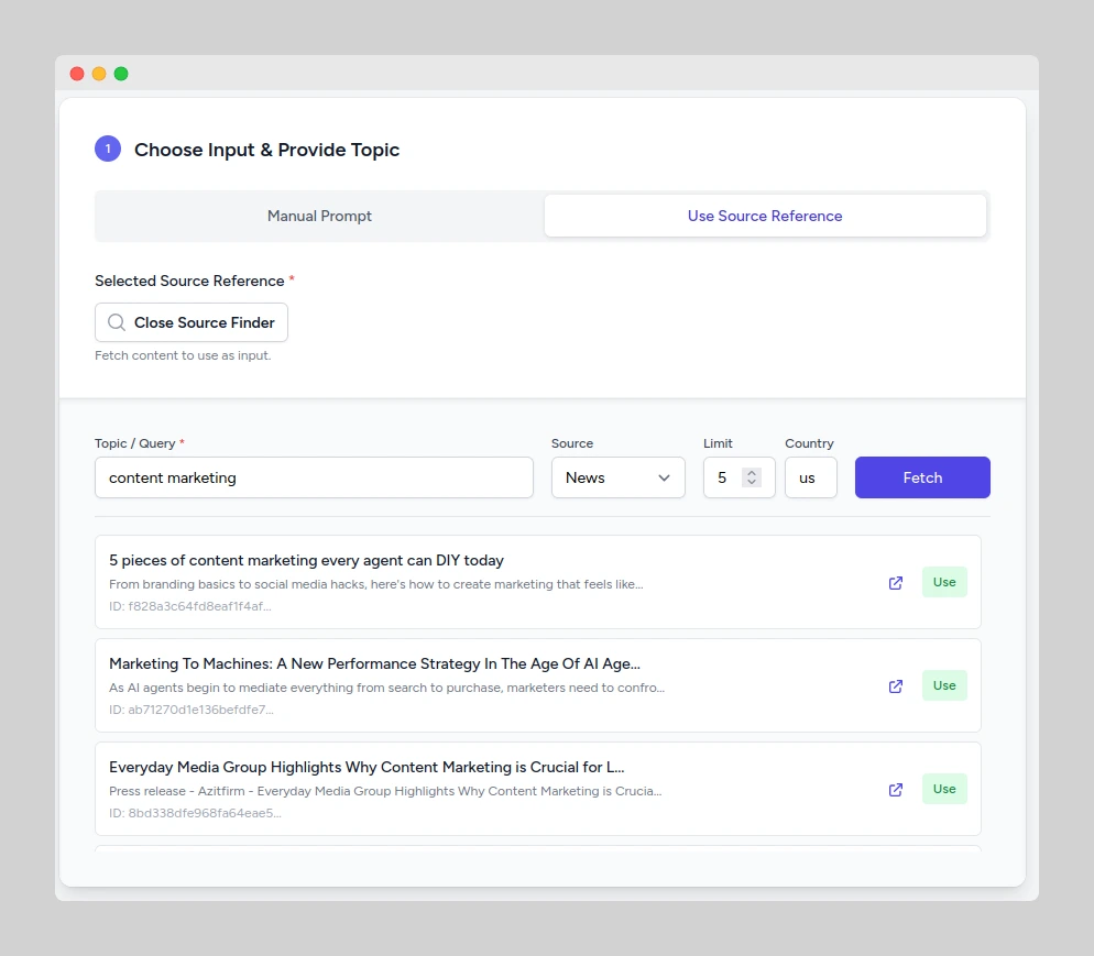 Screenshot of PostFuel fetching content sources to adapt